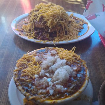Mike's Chili Parlor - Chili burger up top and a simply chili bowl on the bottom with cheese and onions - Dive Bars Near Me - Seattle, Washington