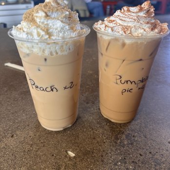Beacon Coffee Roasters - 20oz Iced Peach Cobbler Latte with 2 shots of espresso and a 20oz Iced Pumpkin Pie Latte with 4 shots of espresso - Coffee & Tea Near Me - Bozeman, Montana