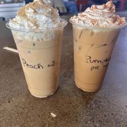 Beacon Coffee Roasters - 20oz Iced Peach Cobbler Latte with 2 shots of espresso and a 20oz Iced Pumpkin Pie Latte with 4 shots of espresso