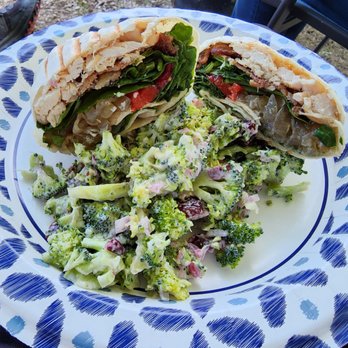 Muddy River Farm Brewery - Chicken/bacon/spinach/roasted pepper/onion wrap with broccoli salad - Breweries Near Me - Unadilla, New York Muddy River Farm Brewery - Chicken/bacon/spinach/roasted pepper/onion wrap with broccoli salad - Breweries Near Me - Unadilla, New York