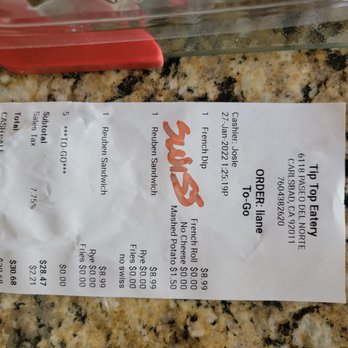 Tip Top Meats - Close-up of receipt. We had originally very clearly ordered that the Reuben should have no cheese. - Meat Shops Near Me - Carlsbad, California Tip Top Meats - Close-up of receipt. We had originally very clearly ordered that the Reuben should have no cheese. - Meat Shops Near Me - Carlsbad, California