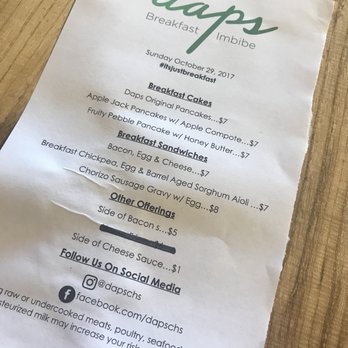 Daps Breakfast & Imbibe - 10/29/17 menu - Breakfast & Brunch Near Me - Charleston, South Carolina Daps Breakfast & Imbibe - 10/29/17 menu - Breakfast & Brunch Near Me - Charleston, South Carolina
