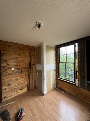 Room remodel - This remodel was done with tongue and grooves. We took out a window, replace the window with more tongue and groove. Replaced other window’s rotting wood, refurbished the old window. Remodeled the flooring, replaced ceiling fan and install receptacles. Room remodel - This remodel was done with tongue and grooves. We took out a window, replace the window with more tongue and groove. Replaced other window’s rotting wood, refurbished the old window. Remodeled the flooring, replaced ceiling fan and install receptacles.