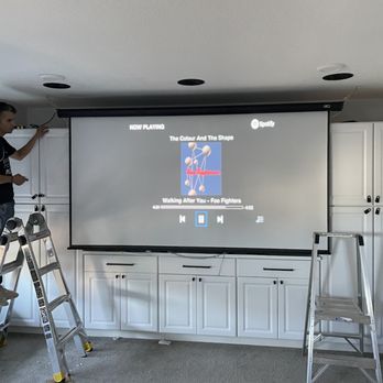 Mojo Audio Video & Security - 120" Projector screen with in-ceiling surround sound - Security Systems Near Me Mojo Audio Video & Security - 120" Projector screen with in-ceiling surround sound - Security Systems Near Me