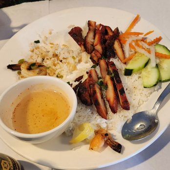 Viet's Pho - Shrimp & chicken plate, with most of the shrimp already eaten. - Vietnamese Near Me - Albuquerque, New Mexico