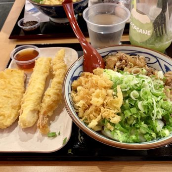 Marugame Udon - Tempura -- sweet potato, imitation crab, and shrimp and Nikutama udon - Japanese Near Me - Costa Mesa, California