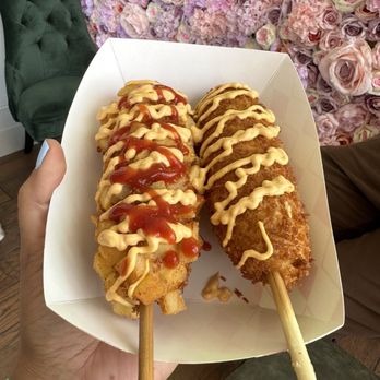 Dessert Lounge - Left- potato mozzarella/hotdog corn dog righ- cheddar/hotdog corn dog. Drizzle with spicy mayo. - Fast Food Near Me - Watsonville, California Dessert Lounge - Left- potato mozzarella/hotdog corn dog righ- cheddar/hotdog corn dog. Drizzle with spicy mayo. - Fast Food Near Me - Watsonville, California