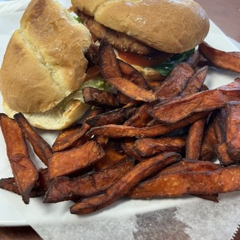 Sarom's Southern Kitchen - Fried chicken po' boy sandwich with sweet potato fries - Southern Near Me - Elk Grove, California Sarom's Southern Kitchen - Fried chicken po' boy sandwich with sweet potato fries - Southern Near Me - Elk Grove, California