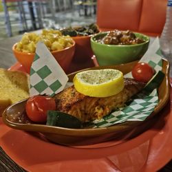 Chicago Food on the Run - Salmon with Collards, Candied Yams, Macaroni and Cheese, and Garlic Bread