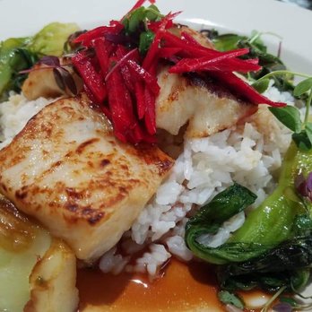Bardot - Black cod with miso is marinated in miso, sate and Morin, bok choice, Jasmine rice and Pickled ginger. It was so tasty - New American Near Me - Claremont, California