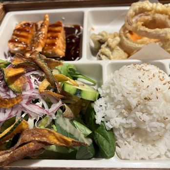 DAI Sushi - Teriyaki Salmon Bento Box with Veggies and Shrimp Tempura. - Japanese Near Me - Westminster, California DAI Sushi - Teriyaki Salmon Bento Box with Veggies and Shrimp Tempura. - Japanese Near Me - Westminster, California