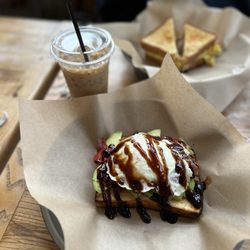 The Lobby Coffee Bar & Cafe - Sunrise Avocado Toast (customized) and white mocha