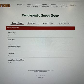Fixins Soul Kitchen - Happy hour page showing $6 margaritas - Soul Food Near Me - Sacramento, California