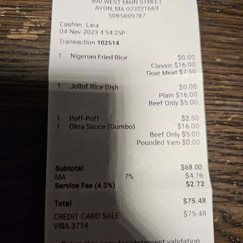Tambo's Kitchen - Why is the state tax .75% more for this store. $16 for that tiny jollof rice. I'm so confused. Don't waste you money or time. We work 2 hard - African Near Me - Avon, Massachusetts