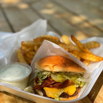 Yesterdays Grill - a burger and fries on a picnic table - American Near Me - Snow Camp, North Carolina