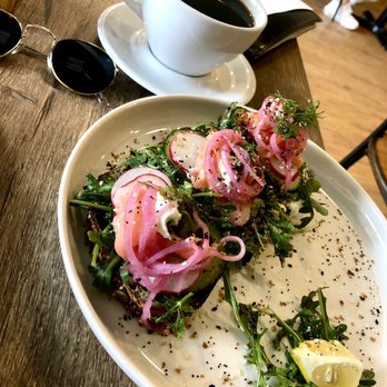 Doppio Coffee House - Salmon on multigrain, house rhythmic blend (Italian dark roast) drip coffee in a very satisfying mug and saucer combo - Coffee & Tea Near Me - Chicago, Illinois