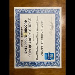 Daniel Matthews Concealed Carry Handgun Training - I have been honored by being awarded this for 3 years now.  Thank you!