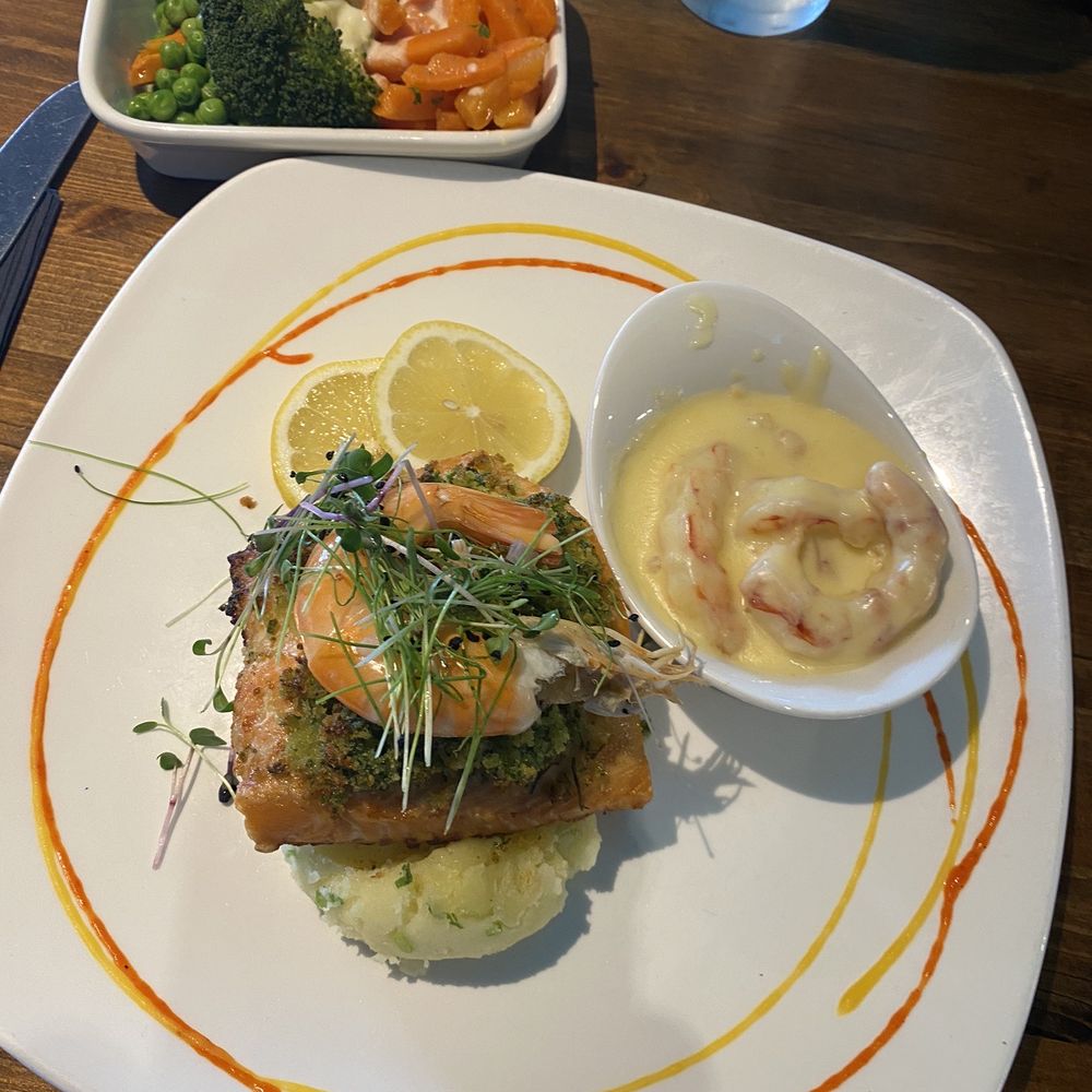 Barry Mary Public House - beautiful salmon over mash topped with a nice large shrimp and four shrimp in the hollandaise sauce and vegetables to complete the entrée. - Pubs Near Me - Wexford, WX