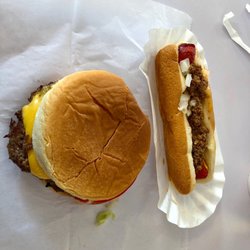 Chris'drive-In - Cheeseburger with lettuce tomato Mayo and a hot dog mustard chili and onions
