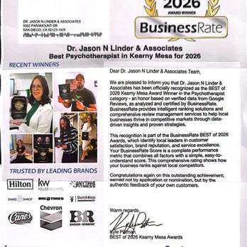 Jason Linder, PsyD - Award - Counseling & Mental Health Near Me - San Diego, California Jason Linder, PsyD - Award - Counseling & Mental Health Near Me - San Diego, California