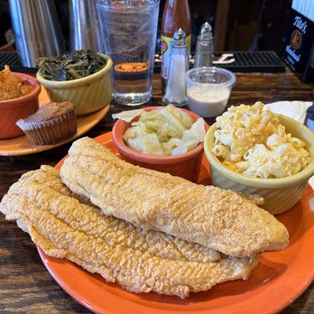 Mama J's Kitchen - 2pcs catfish with candied yams, Mac & cheese, collards, and cabbage. - Soul Food Near Me - Richmond, Virginia