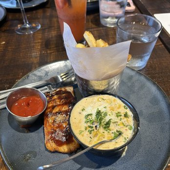 Q39 South - Salmon, Fire Roasted Mexican Street Corn, Crispy Fries, basil drink - Barbeque Near Me - Overland Park, Kansas