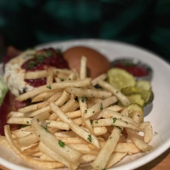 Spoonbar - Truffle fries (the awesome burger hidden behind them) - Seafood Near Me - Healdsburg, California Spoonbar - Truffle fries (the awesome burger hidden behind them) - Seafood Near Me - Healdsburg, California