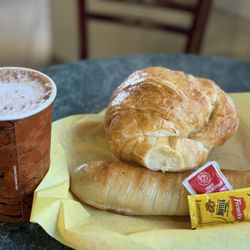 House of Bagels - Bagel dog, plain croissant. Hot chocolate