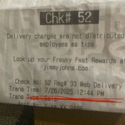 Jimmy John's - Date and time order was placed at W Iles store # 136 in Spfld IL.   Delivers 2.5 miles after 1 hr 22 minutes.