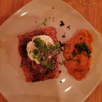 The Blind Pig Kitchen - Marvelous salmon with sweet potatoes (lots of butter with hint of ginger) - New American Near Me - Bloomsburg, Pennsylvania The Blind Pig Kitchen - Marvelous salmon with sweet potatoes (lots of butter with hint of ginger) - New American Near Me - Bloomsburg, Pennsylvania
