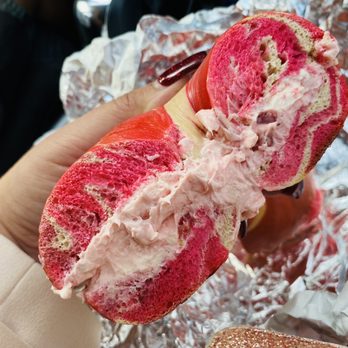 Jersey Bagels - Inside rainbow bagel with strawberry cream cheese - Bagels Near Me - Houston, Texas