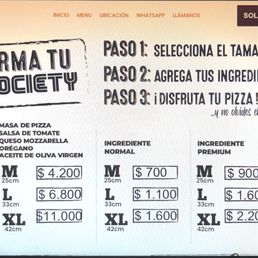 Pizza Society - Pizzas. valores iniciales por tamaños - menu - Pizzería Near Me - Santiago, RM