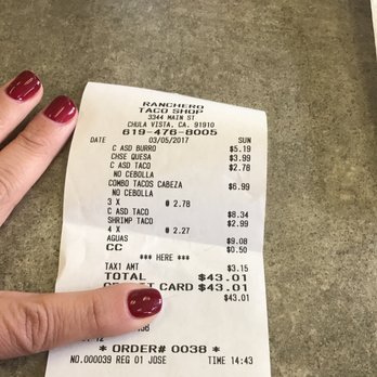 El Ranchero Taco Shop - The bill - Mexican Near Me - Chula Vista, California