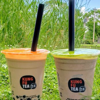 Kung Fu Tea - Taro Boba Milk Tea (no ice, no sugar). Oreo Slushie. Can you guess which one is mine? - Bubble Tea Near Me - Millburn, New Jersey