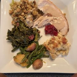 The Chef and the Baker - Turkey Mac n cheese dressing, greens cranberry sauce, gravy (yummy and light) and my husband's green beans.