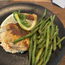 Blackened grouper with Szechuan green beans and lobster risotto Blackened grouper with Szechuan green beans and lobster risotto