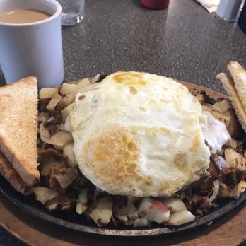 Joe's Griddle & Grill - Trucker's Skillet - Home fries, onions, mushrooms, tomatoes, sausage, bacon, sausage gravy, and over east eggs. - Diners Near Me - Harrisonburg, Virginia Joe's Griddle & Grill - Trucker's Skillet - Home fries, onions, mushrooms, tomatoes, sausage, bacon, sausage gravy, and over east eggs. - Diners Near Me - Harrisonburg, Virginia