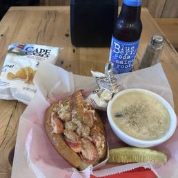 Lobster roll chowder chips pickle blueberry soda Lobster roll chowder chips pickle blueberry soda