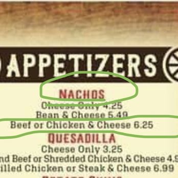 Los Rodeos Mexican Bar & Grill - Menu item of Nachos with beef or chicken (older menu, price has gone up to $6.50 as of June 2023 - Mexican Near Me - Mount Sterling, Kentucky Los Rodeos Mexican Bar & Grill - Menu item of Nachos with beef or chicken (older menu, price has gone up to $6.50 as of June 2023 - Mexican Near Me - Mount Sterling, Kentucky