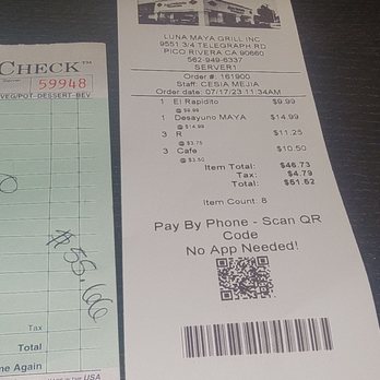 Luna Maya Grill - 2nd receipt with breakdown, less than the original. - Salvadoran Near Me - Pico Rivera, California Luna Maya Grill - 2nd receipt with breakdown, less than the original. - Salvadoran Near Me - Pico Rivera, California