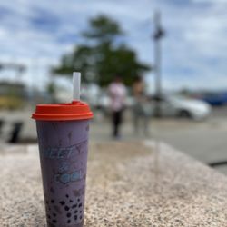 Sweet and Cool - Taro milk tea (with extra boba) at an outdoor table