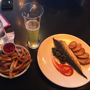 Saint John Ale House - Smoked Mackerel - $11 . Nice treat with pickled fiddleheads / capers / cocktail sauce / crunchy crackers - and side of fries - Seafood Near Me - Saint John, New Brunswick