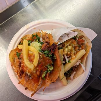Taqueria De Diez - Adobada (Pastor) Roasted Pork Volcan (left), Adobada (Pastor) Roasted Pork Taco (right) - Mexican Near Me - Austin, Texas Taqueria De Diez - Adobada (Pastor) Roasted Pork Volcan (left), Adobada (Pastor) Roasted Pork Taco (right) - Mexican Near Me - Austin, Texas