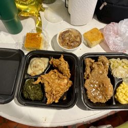 Ron's Family Affair Restaurant - Fried chicken, dressing and greens otl. Smothered pork chops, cabbage and Mac & cheese otl. Butter roll and corn bread for attention.