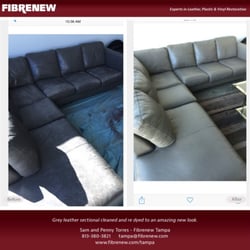 Fibrenew Tampa - Grey analine leather sectional was cleaned and re dyed to an amazing fresh look. This was done in the customers home in Tampa Florida.