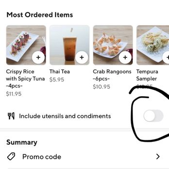 Roll Call - Doordash "include utensils and condiments" button automatically turned off - Sushi Bars Near Me - Los Angeles, California