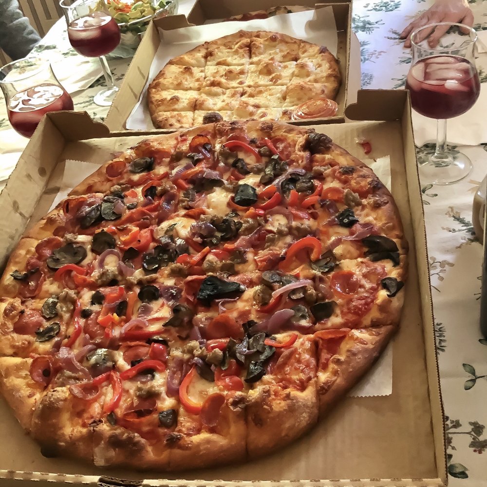 Angeli's Pizzeria - Angeli's Pick pie, well-done at my request, Garlic Cheese Bread (pie), and in the back a glance at the Margherita pie. Also sangria :-) - Pizza Near Me - Baltimore, Maryland