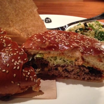 Hudson 29 Kitchen + Drink - cheeseburger cut in half -- it's a double & it's a gorgeous burger, but tastes like an average Wendy's patty. nicely toasted bun though. - New American Near Me - Upper Arlington, Ohio