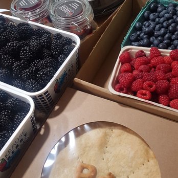 Krause Berry Farms - Our haul: custard pie, peach and blueberry pie, pie in a jar, some raspberries and blueberries, and 2 baskets of u-pick blackberries - Farmers Market Near Me - Langley, British Columbia Krause Berry Farms - Our haul: custard pie, peach and blueberry pie, pie in a jar, some raspberries and blueberries, and 2 baskets of u-pick blackberries - Farmers Market Near Me - Langley, British Columbia