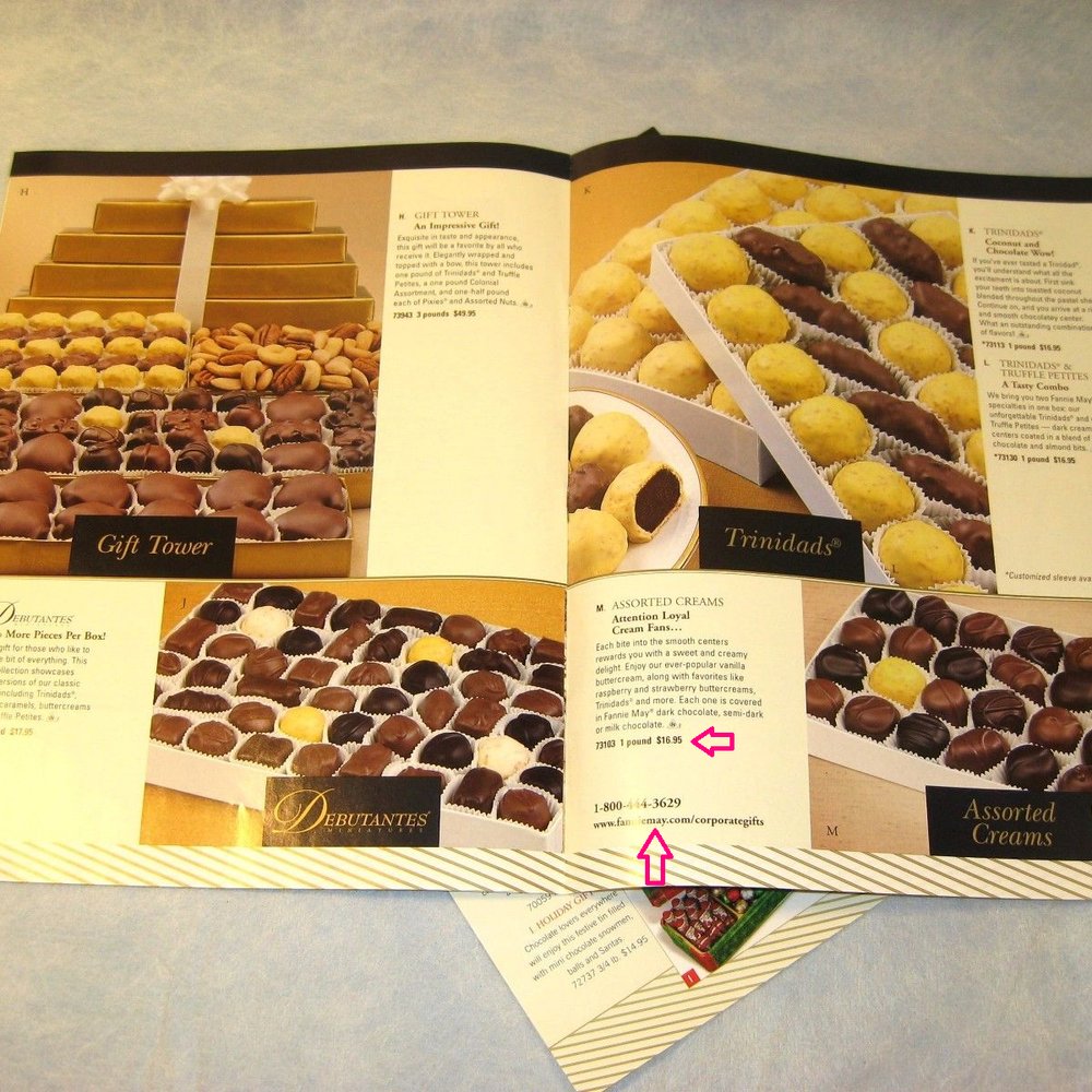 Fannie May Fine Chocolates - Fannie May catalog from 2003 showing "Assorted Creams" for $16.95 per pound- today, $29.95/lb !!! - Candy Stores Near Me - Granger, Indiana